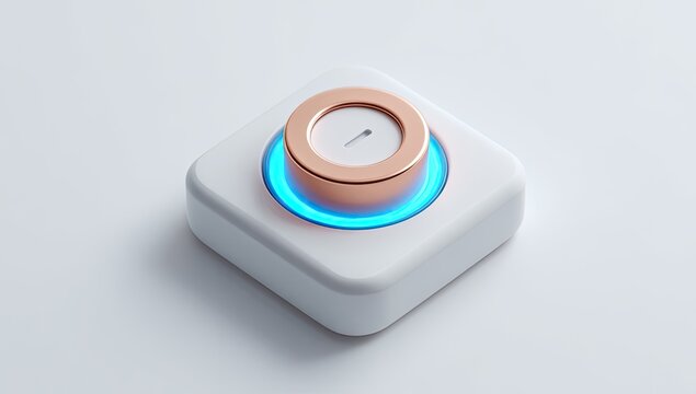 Square white button with copper top, glowing blue ring
