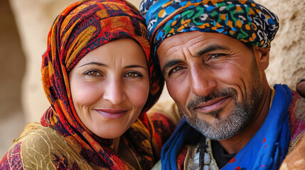 Jordanian bedouin couple wearing traditional clothes smiling at home