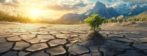 Lonely tree surviving in cracked desert soil at sunset