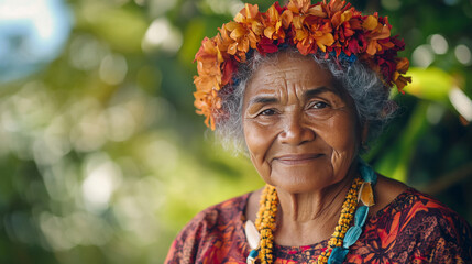 Polynesian senior woman wearing traditional flower crown and necklace