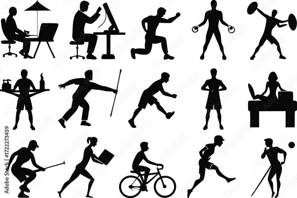 Poster vector silhouette bundle illustration of people in various activities and poses scalable eps format 