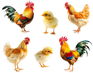 Roosters and chicks standing on white background