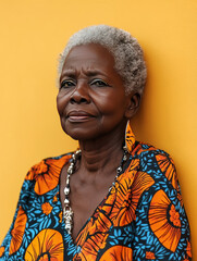 Senior african american woman wearing traditional clothes posing against colorful background
