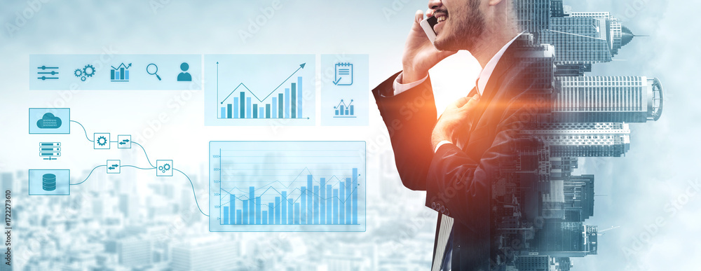 Aufkleber data flow from database and cloud to processing and analytics dashboards, representing data analysis