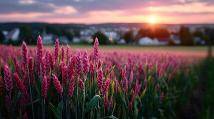 Golden Wheat Field at Sunset with Cinematic HDR Rural Landscape Pink Hue in Twilight Tranquility
