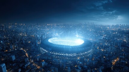 Aerial View of Modern Stadium Surrounded by Urban Cityscape at Night with Bright Stadium Lights and Dramatic Cloudy Sky