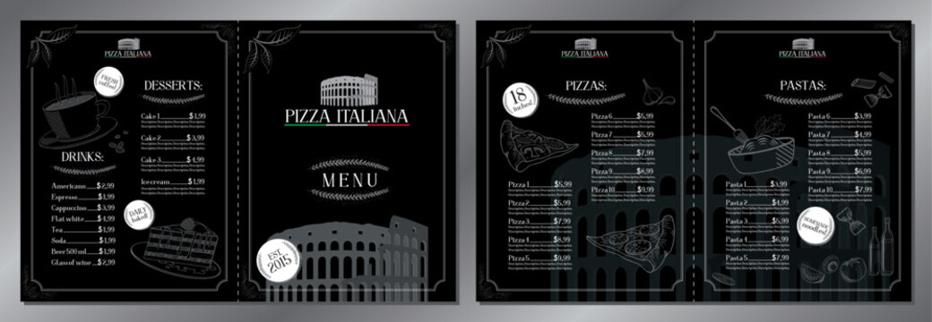 Italian pizza and pasta menu - 2x letter format - vector illustration