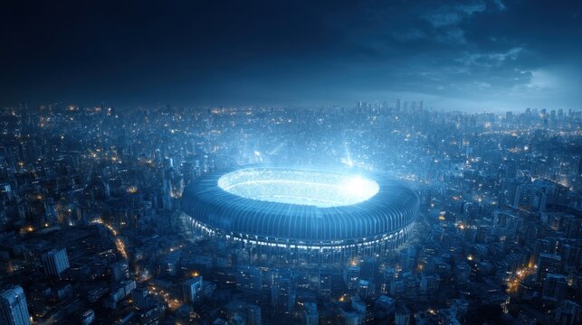 Aerial View of Modern Stadium Surrounded by Urban Cityscape at Night with Bright Stadium Lights and Dramatic Cloudy Sky