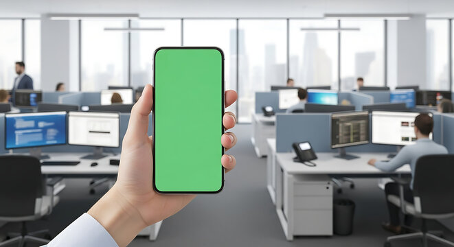 Businessman holding a smartphone with a green screen mockup in a busy modern office workplace