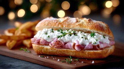Gourmet Sandwich with Golden French Fries on Wooden Board Against Bokeh Background