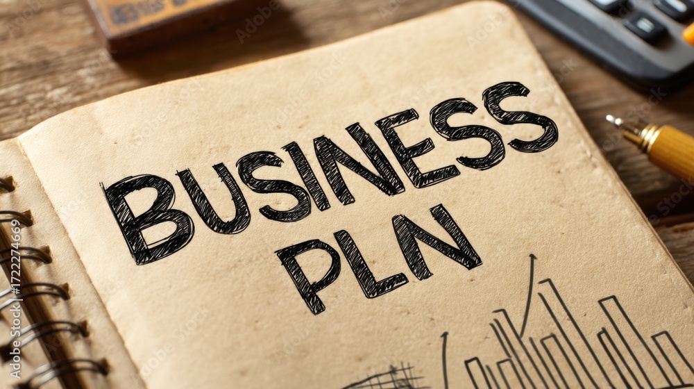 Poster business planning notebook with handwritten title and graphic elements for startup strategies and en