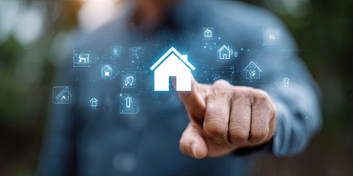 A hand points to a holographic house icon, surrounded by other digital home symbols