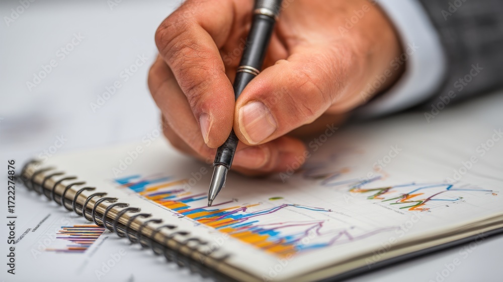 Poster close-up of hand writing on notebook with colorful graphs and data analysis in business environment