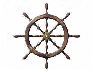 Vintage wooden ship's helm or steering wheel isolated on a white background, symbolizing nautical navigation and maritime adventure