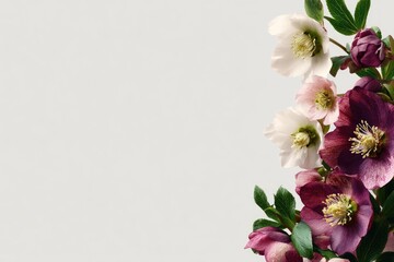 Fototapeta premium Muted tones of winter flowers on a light gray background