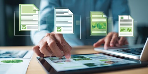 Person using tablet, interacting with digital documents, green icons, business workflow, eco-friendly, digital interface