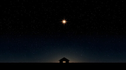 Bright star shines over dark barn silhouette. Nativity scene with Bethlehem star in night sky. Christmas holiday concept.