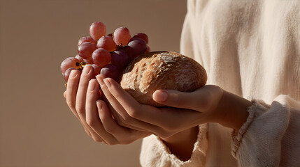 Woman holding fresh bread and red grape. Religious tradition depicting the Eucharist for Christian holiday.