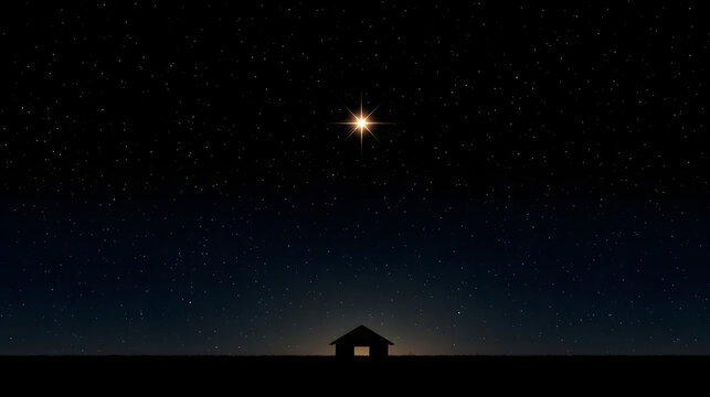 Bright star shines over dark barn silhouette. Nativity scene with Bethlehem star in night sky. Christmas holiday concept. - Powered by Adobe