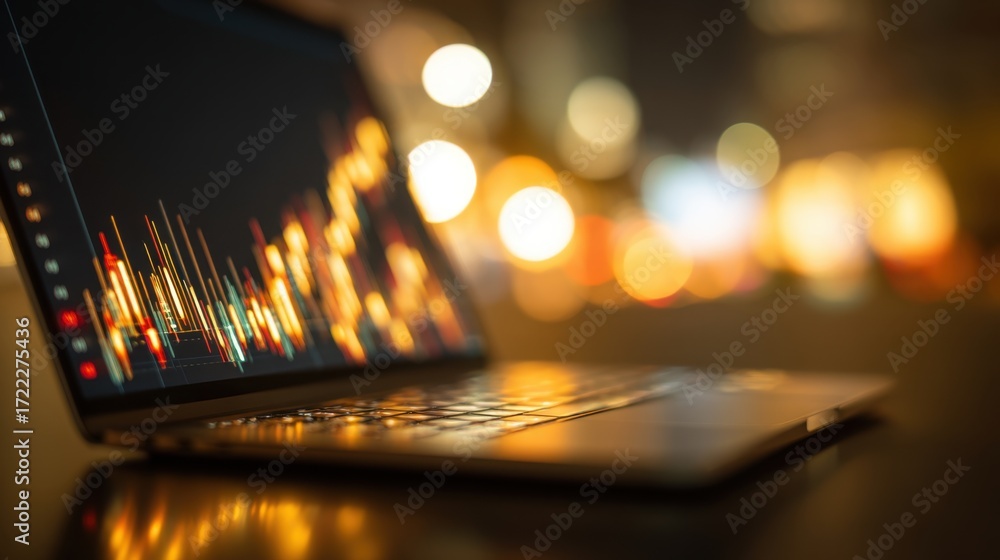 Aufkleber modern laptop displaying colorful data visualization with blurred background lights