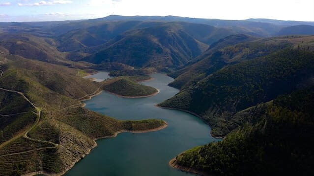 Aerial view from Miradouro da Serpente do Medal, a stunning panoramic view over the Sabor Lakes, namely the Medal Lake and the Sanctuaries Lake.