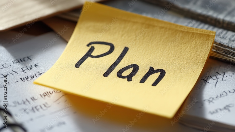 Poster sticky note with plan written on it surrounded by papers and notes for organization and productivity