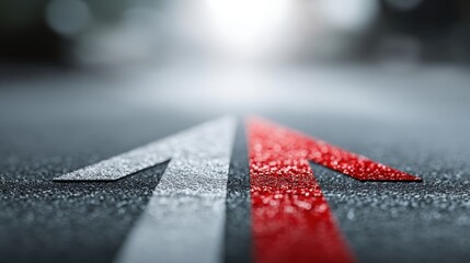 Directional arrows on a wet asphalt surface, symbolizing guidance, movement, and progress in an urban environment