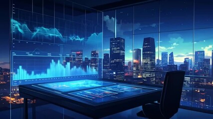 Futuristic trading room overlooking a digital cityscape with glowing charts and data - Powered by Adobe