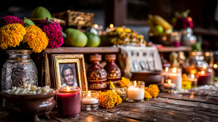 Traditional ofrenda altar with candles, photographs, marigolds, seasonal fruits, reverent atmosphere, soft candlelight
