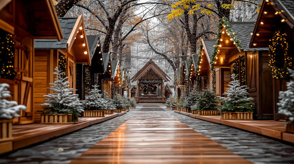 Obraz premium European Christmas market beginning setup, wooden stalls, twinkling lights, early winter atmosphere, cozy evening lighting