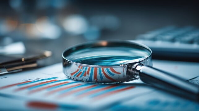 Magnifying Glass on Financial Reports with Colorful Graphs and Business Tools on a Desk