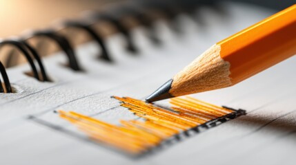 Fototapeta premium Close-up of an orange pencil sketching detailed lines on a blank notebook page in soft natural light