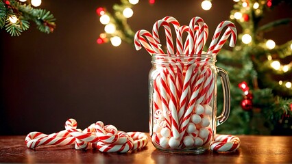 Festive candy canes fill a jar with warm Christmas lights twinkling in the background creating a cozy holiday atmosphere