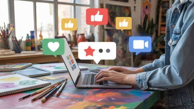 Artist using laptop with social media icons like hearts likes and comments appearing above the screen in a creative studio workspace