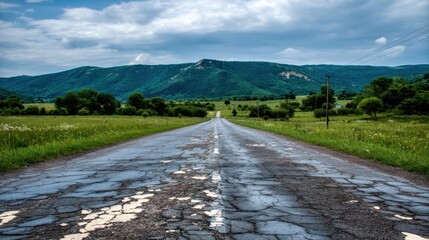 Expansive rural road stretching towards distant mountains under dramatic sky with scattered clouds and lush green surroundings