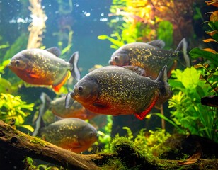 School of red piranha fish in an aquarium