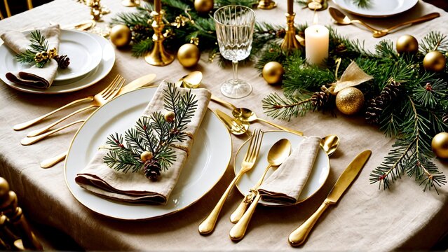 Elegant Christmas dining table setting with golden cutlery, pine boughs, ornaments, and glowing candles creating festive holiday ambiance