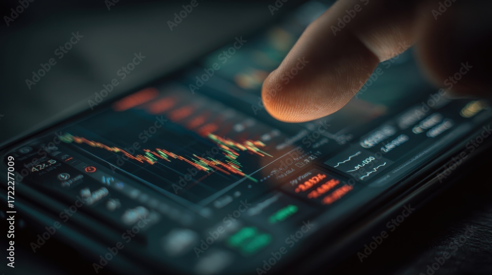 Aufkleber close-up of finger touching smartphone screen displaying financial graph and stock market informatio