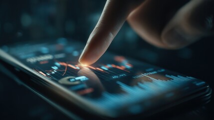 Close-Up of Finger Touching Smartphone Screen Displaying Financial Data and Stock Market Graphs in Dark Environment