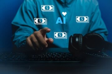 Creator Surrounded by Dollar Icons on Glowing Laptop, Passive Income Concept with Copy space, AI make money online concept.AI invesment trends
