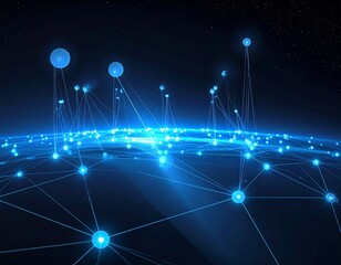 Network of glowing blue nodes connected by light beams, floating in dark void.