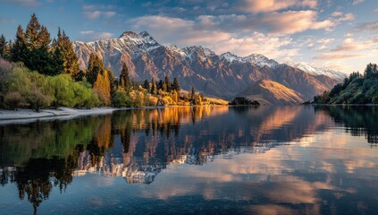 Serene lake reflects a mountain sunrise