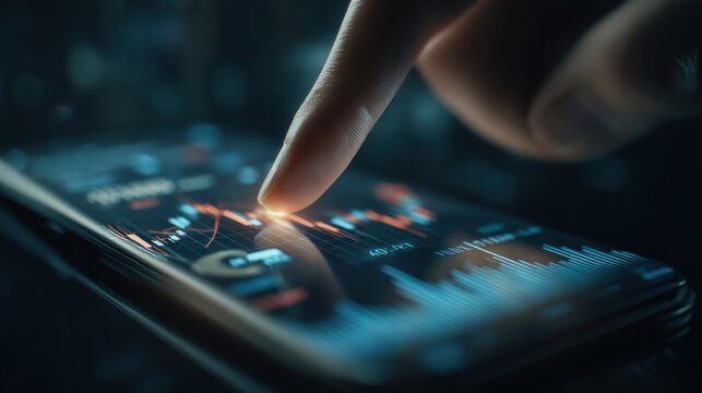 Close-Up of Finger Touching Smartphone Screen Displaying Financial Data and Stock Market Graphs in Dark Environment