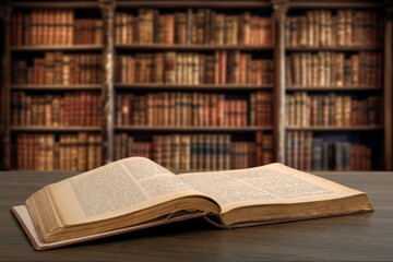 Opened reading book on library bookshelf