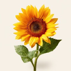 Obraz premium Single sunflower, bright yellow petals, dark brown disc, green leaves, isolated on white background