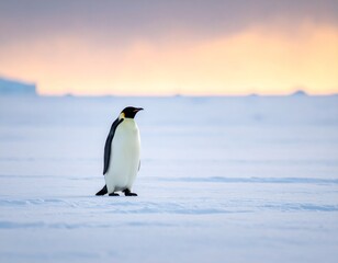 Fototapeta premium Single penguin standing alone on vast icy surface, horizon blurred in distance.