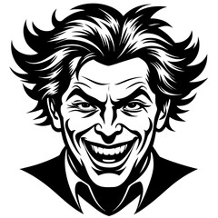 Obraz premium Stylized black and white portrait of a maniacal laughing character with wild hair and a wide grin