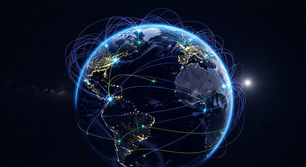 Global digital network encircling Earth, symbolizing interconnected communication and advanced technological infrastructure
