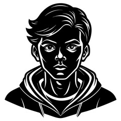 Stylized black and white portrait of a young man wearing a hoodie