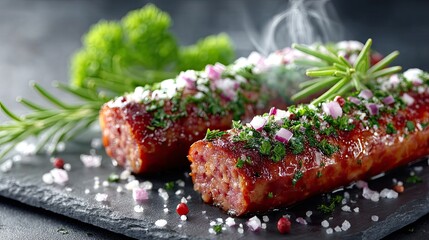 Grilled Sausage Topped with Herbs and Onion on Dark Slate Serving Plate Against a Dark Backdrop